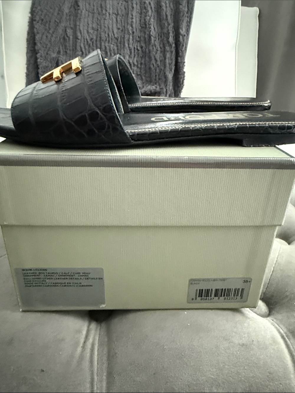 Tom Ford Black Croc-Embossed Slide Sandals with Gold TF Logo - Picture 6 of 14